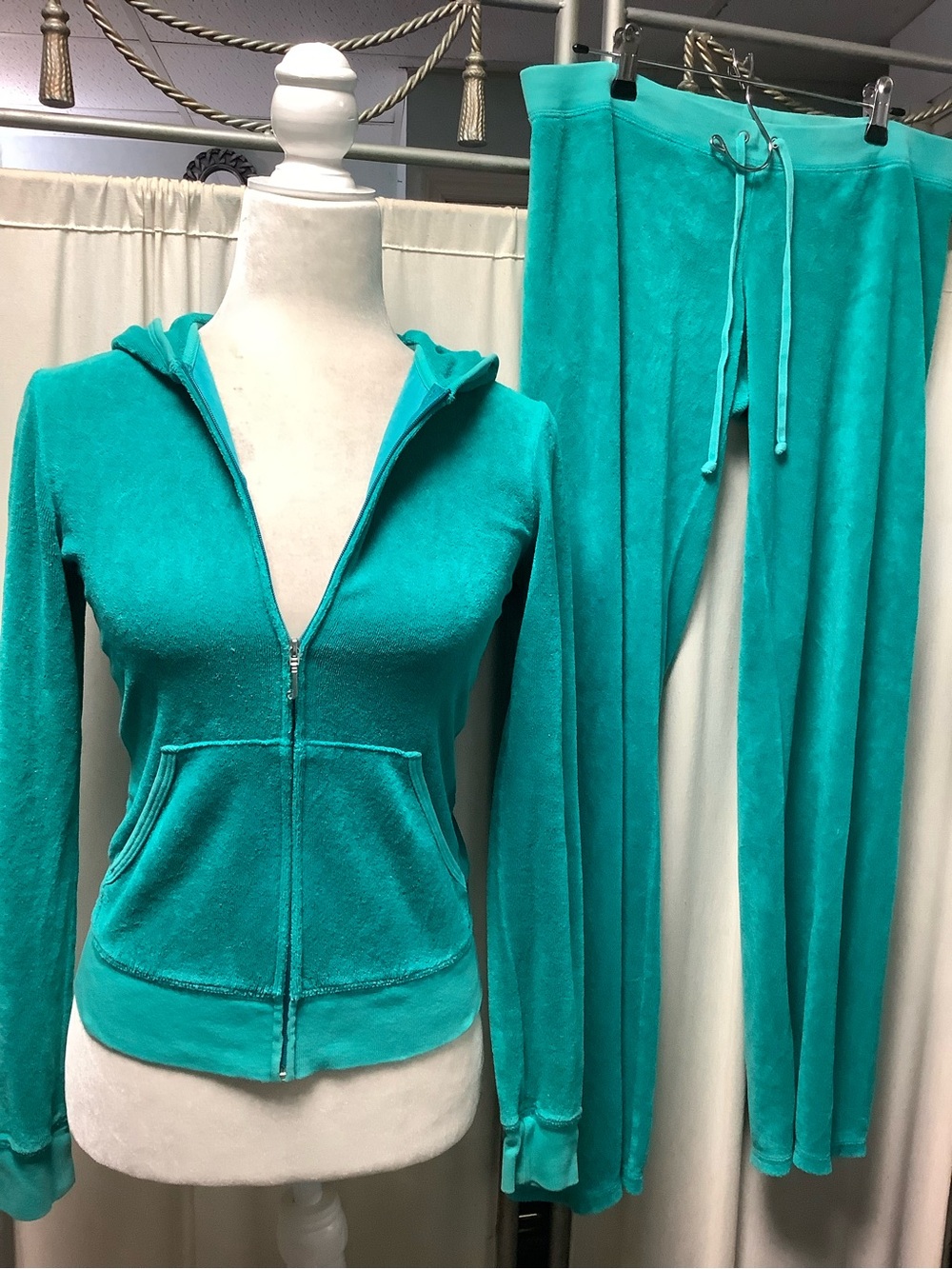 Juicy Couture 90s Terry Turquoise Zip Hoodie XS Pants 34 x 31 M Tracksuit Set